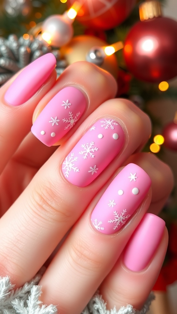 Matte pink Christmas nails with white snowflake designs on a festive background.
